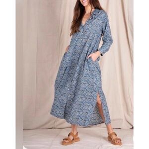 Natural Life Blue Ditsy Floral 100% Cotton Long Sleeve Shirtdress Pockets Medium